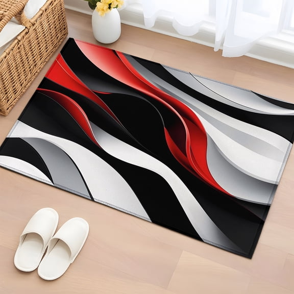 Black Red White 2'x3' Washable Rug, Abstract Art Waves Minimalist Non-Slip Soft Doormat Area Rugs for Entrance Bathroom Bedsides, Front Doormat Carpet for Kitchen Bedroom, Entryway Floor Mat