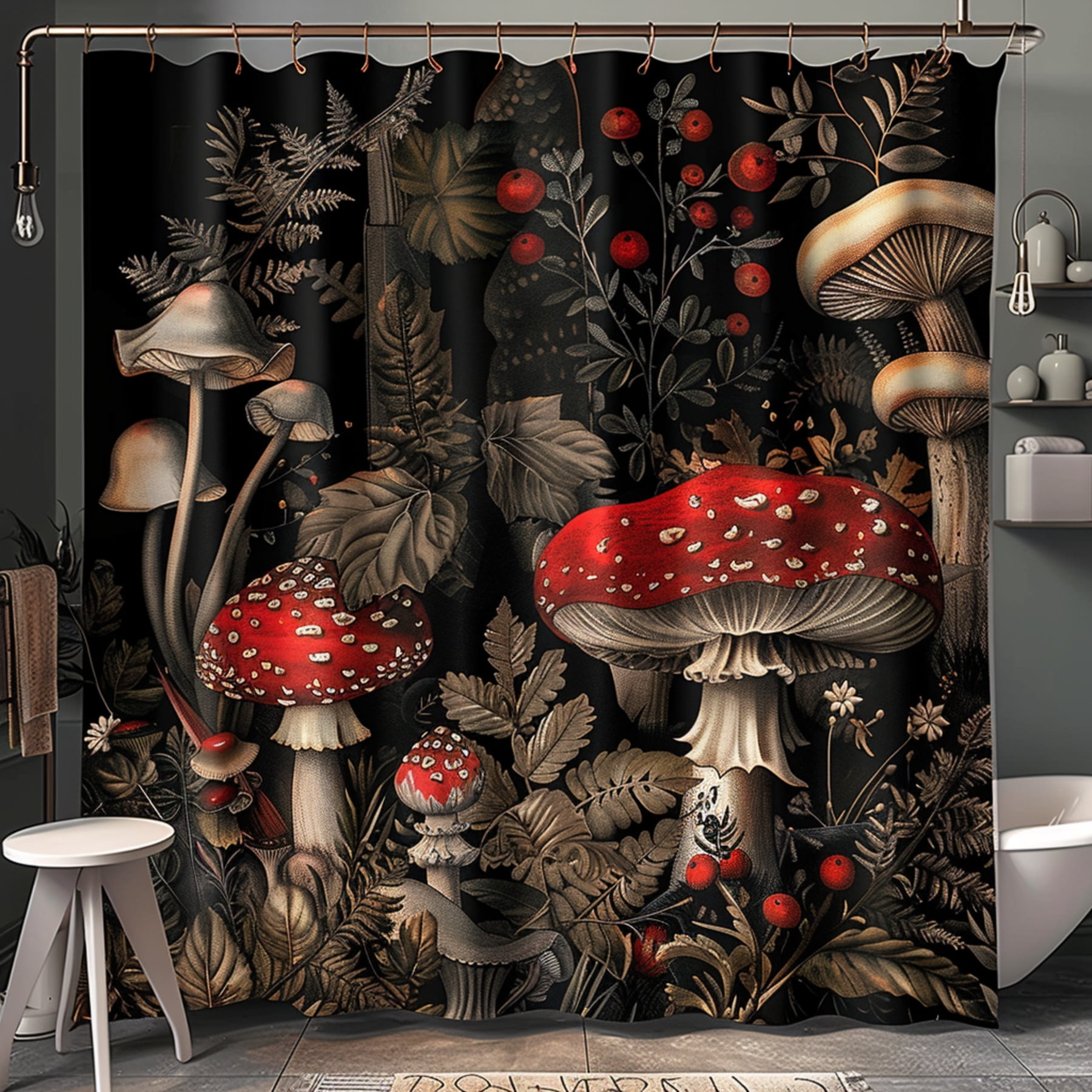 Black Red White Mushroom Forest Bathroom Curtain Detailed Nature