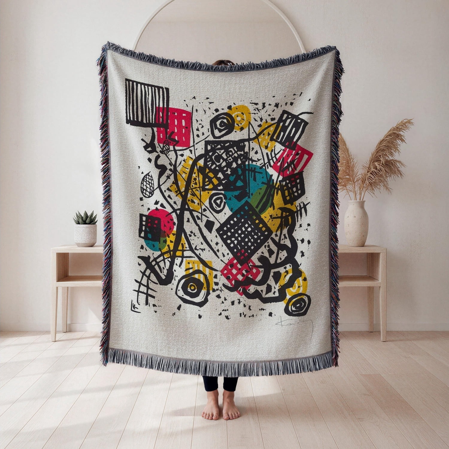 Black, Red, Yellow and Teal Geometric Grid and Spiral Woven Blanket ...
