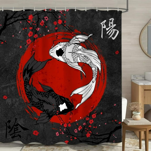 Black and Red Yin Yang Shower Curtain, Cool Japanese Anime Koi Fish Fabric Shower Curtains Set for Men Bathroom Decorative with Hooks Asian Art Bath Decor-72"W x 74"L (Pack of 1)
