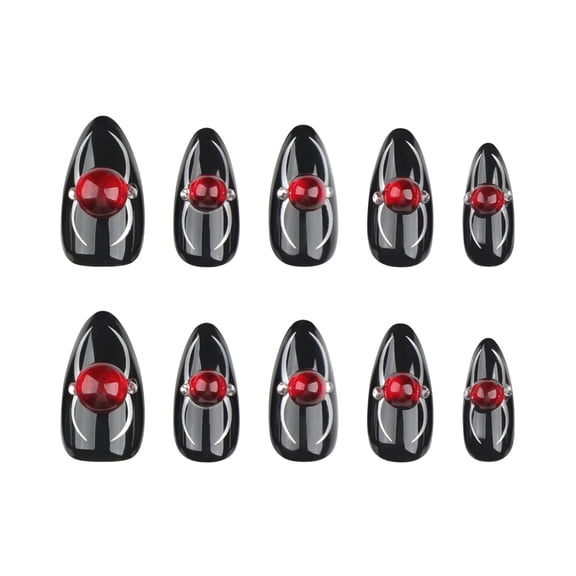 Black, Red, and Silver Short Almond Press on Nails, Geometric Glossy Fake Nails, 10 Count