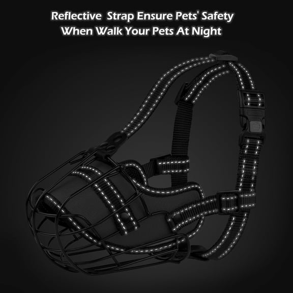 Black Reflective Metal Wire Basket Muzzle for Pitbull - Soft Adjustable Nylon Strap - Prevents Biting/Chewing - Ideal for Large Dogs