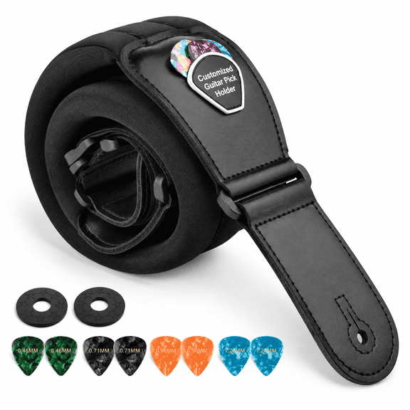 Black Regular(45"-55") 3" Wide Padded Adjustable Guitar Strap with Pick Holder and Safety Locks
