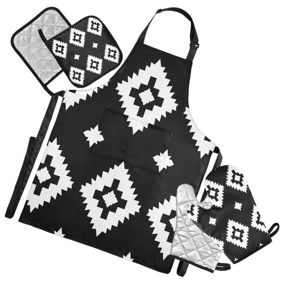 Black Regular Squares Apron Set with Oven Mitts Pot Holders Set of 5 Kitchen Stuff Accessories
