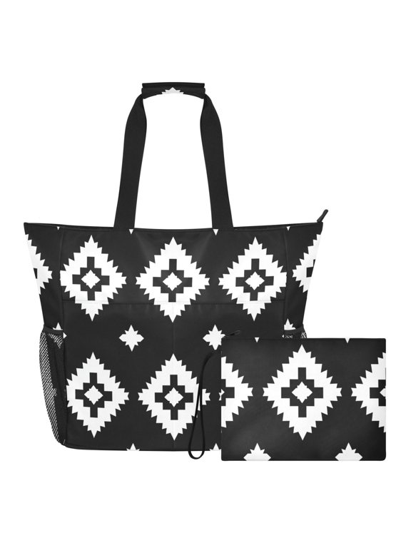 Black Regular Squares Beach Bag Travel Tote Bag Reusable Shopping Bag Gym Bag with Wet Pocket Waterproof