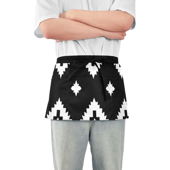 Black Regular Squares Short Server Apron with 3 Pockets for Unisex Chef Gardening