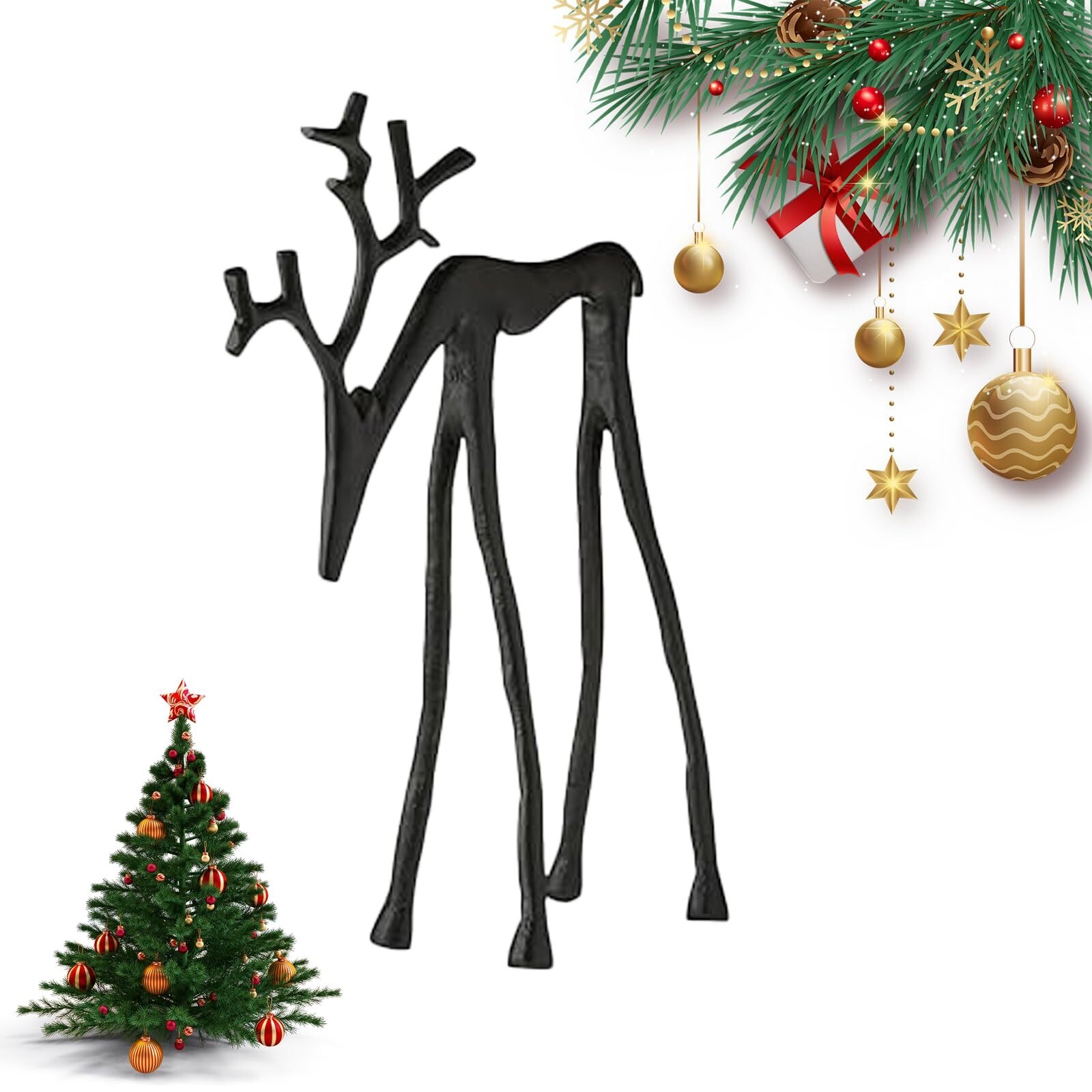 Black Reindeer Christmas Decor, Metal Reindeer Statues, Black Finish