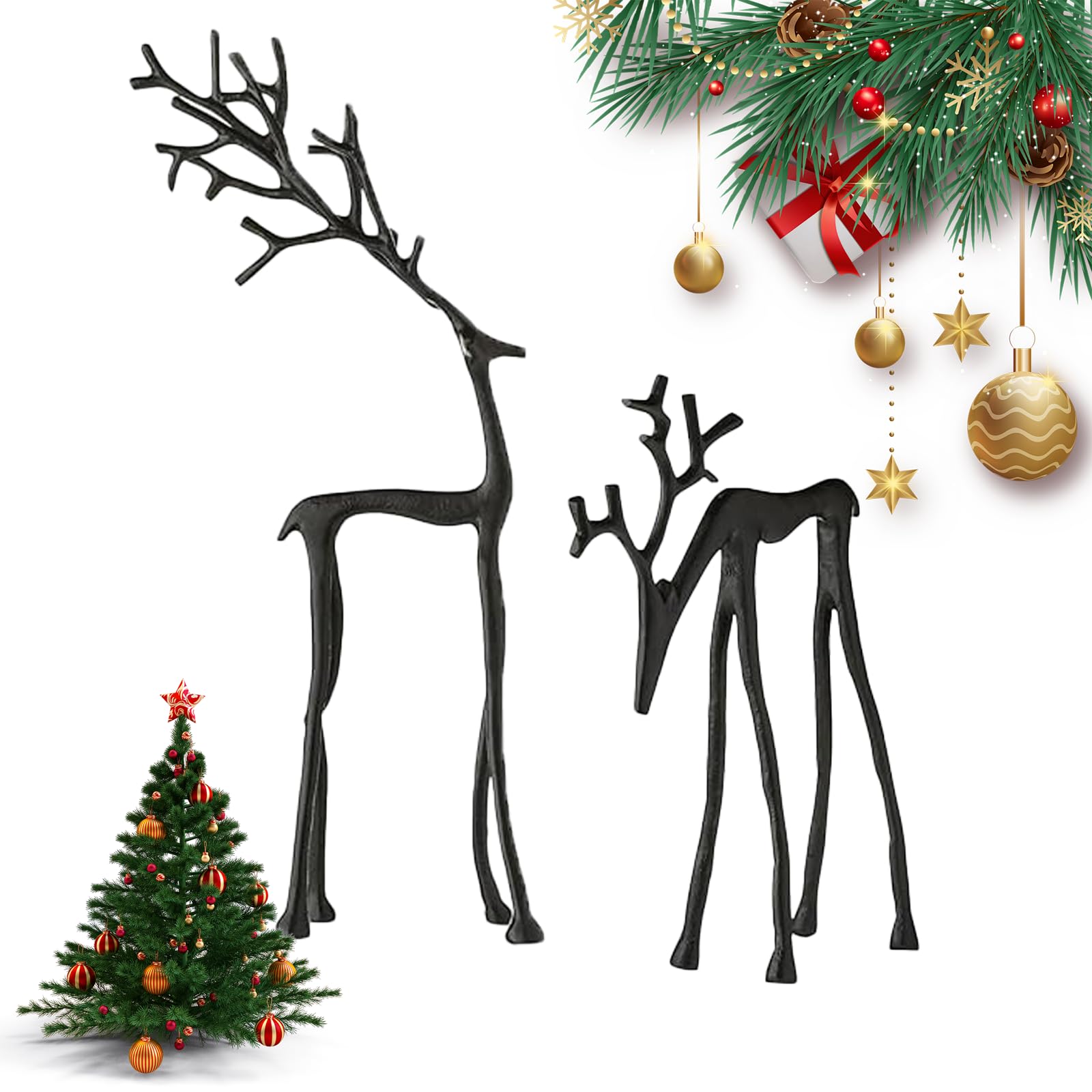Black Reindeer Christmas Decor, Metal Reindeer Statues, Black Finish