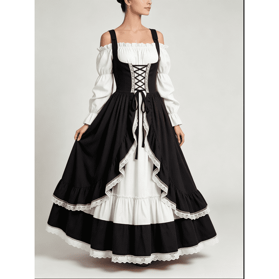 Black Renaissance Fair Corset Maxi Dress for Women Off Shoulder Lace Puff Sleeve Medieval Costume,Size M