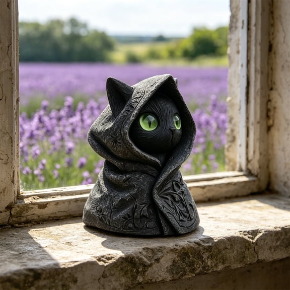 Black Resin Hooded Black Cat Statue With Emerald Eyes Decor For Shelf Desktop Office Decorations