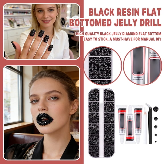 Black Resin Jelly Rhinestones for Bedazzling,1.5-5mm 1 Box Pcs Flatback Gems for Crafting,Bedazzling Kit with 3Pcs B7000 Glue for Clothing Shoes Nail Book Diamond Art