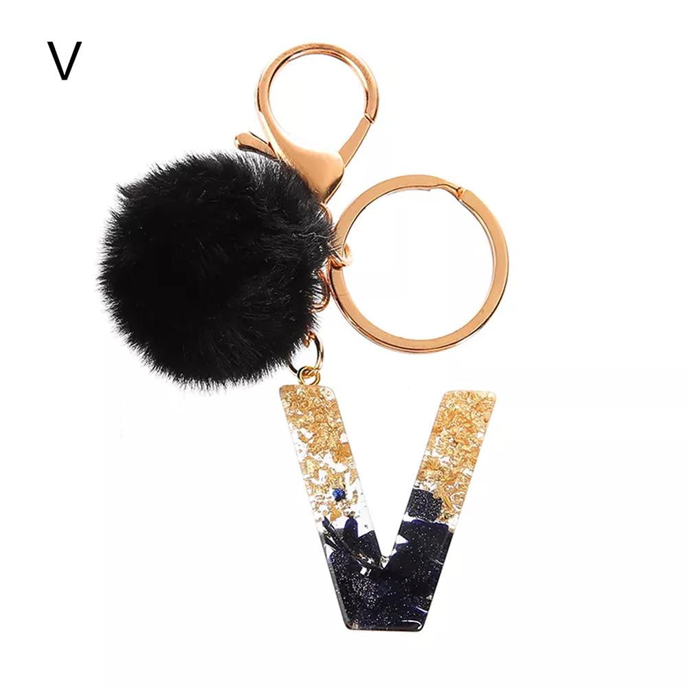 Czsycdsf Crystal Initial Letter A-Z Puff Fur Ball Keychain Black Pom Pom  Keyring