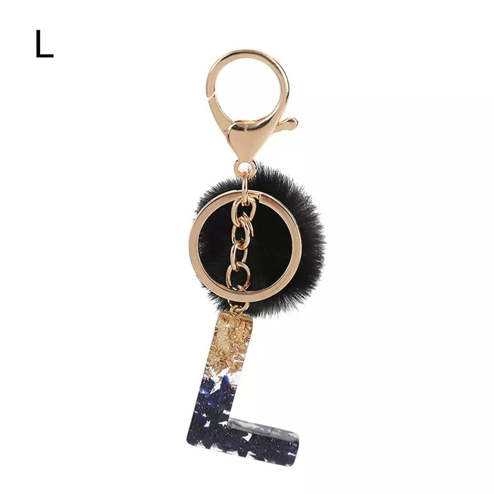 1Pc Black Pompom Letter Keychain English Alphabet Keyring Glitter Gradient  Resin Car Mirror Accessory Women Handbag Charms