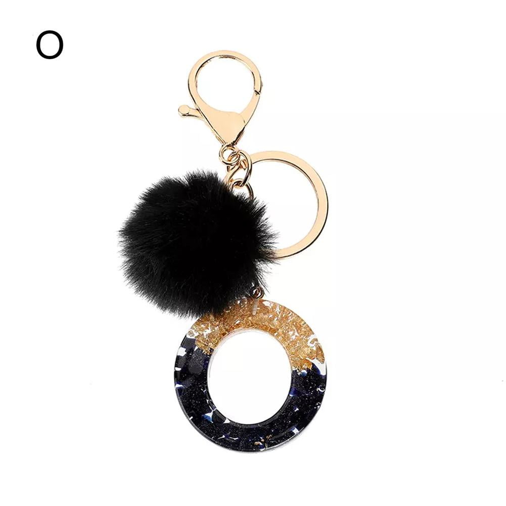 Black Resin Letter A-Z Keychain Alphabet Charm Key Ring with Pompom Fur  Ball for Women Girls Handbag Purse W2C2