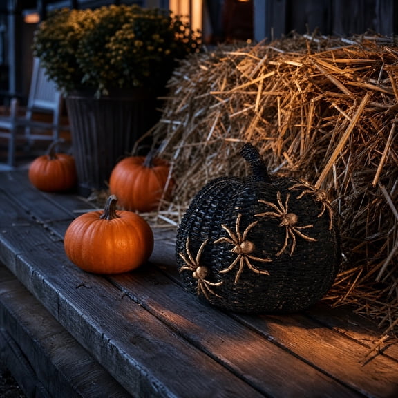 Black Resin Pumpkin Figurine with Woven Texture & Golden Gothic Trim, Mini Spooky Tabletop Ornament, Compact Craft Decor for Coffee Table and Fall Halloween Indoor Furnishing Layout