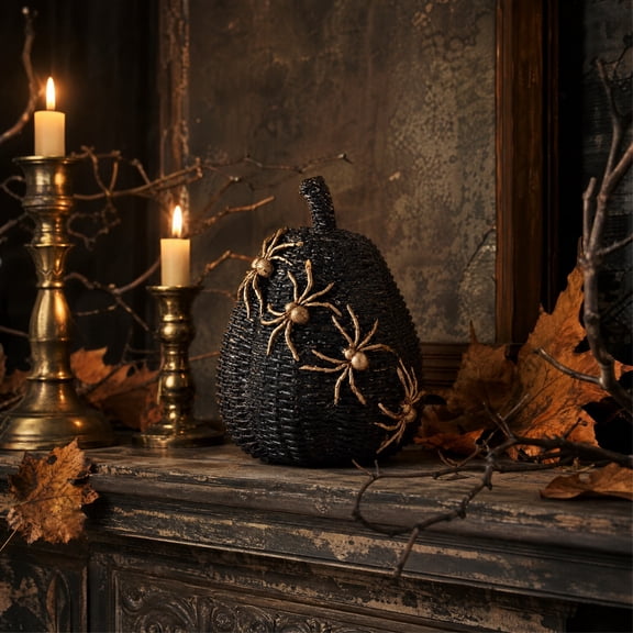 Black Resin Pumpkin Figurine with Woven Texture & Golden Gothic Trim, Mini Spooky Tabletop Ornament, Compact Craft Decor for Coffee Table and Fall Halloween Indoor Furnishing Layout