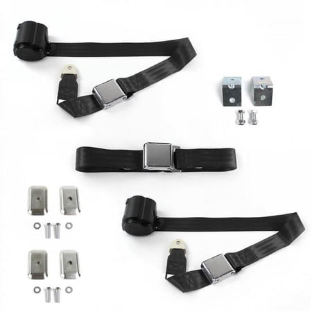 Black Retractable Bench Seat Belt Kit with Bracketry for 1967-1970 Ford Mustang Airplane 2 Point - 3 Belts