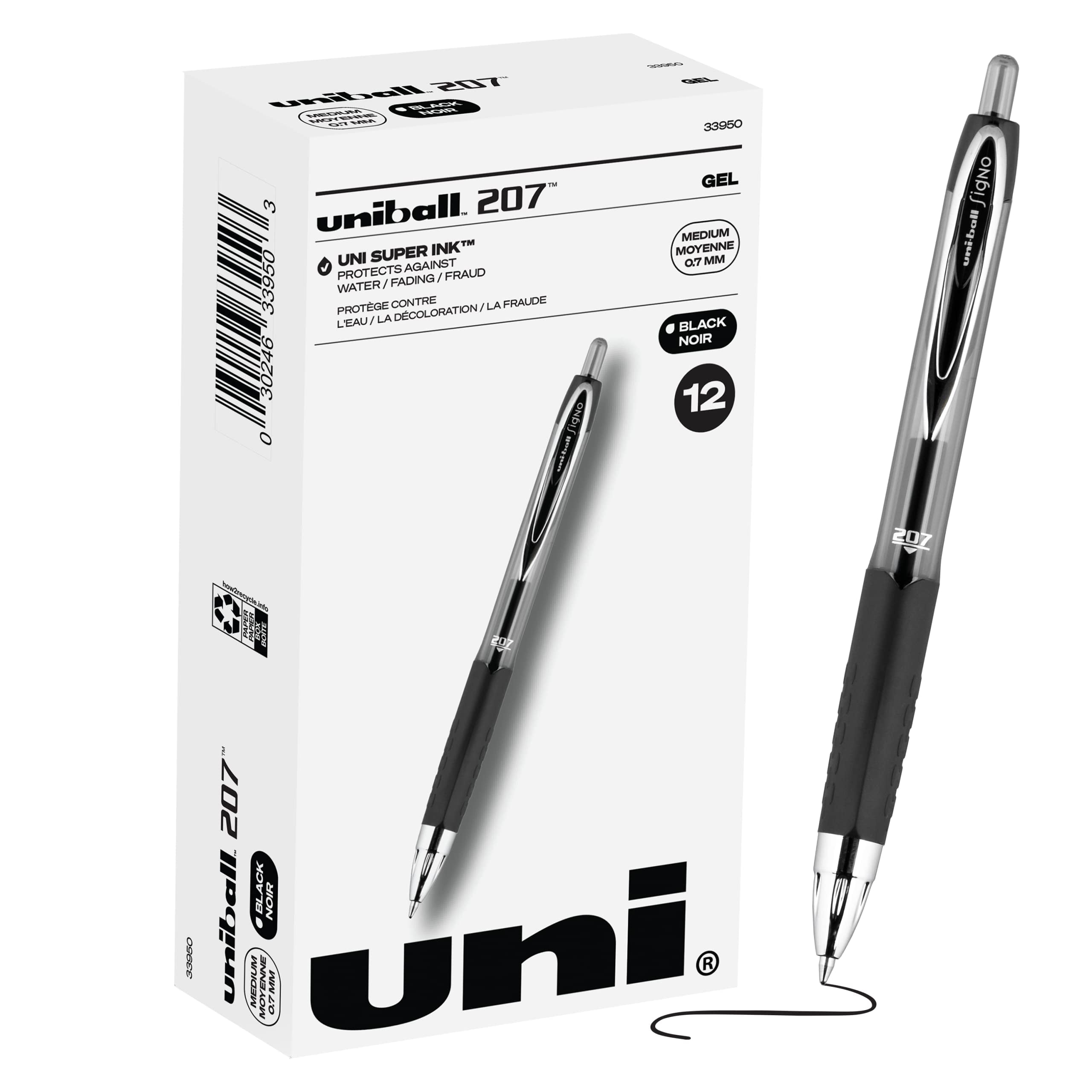 Black Retractable Gel Pens 12 Pack with Medium Points, UniBall 207