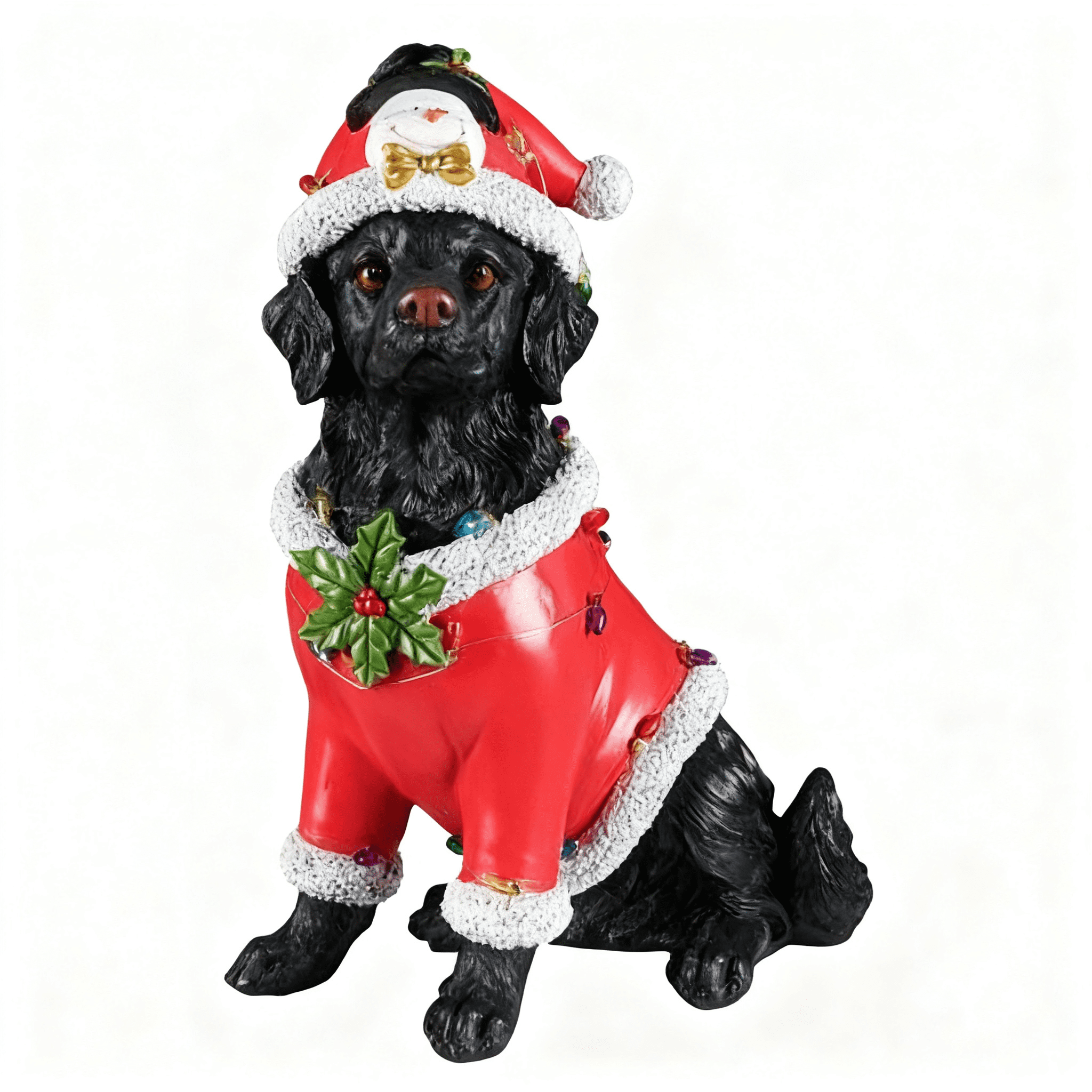 Black Retriever Dog Red Santa Outfit Christmas Statue with Santa Hat Holiday Tabletop Decor