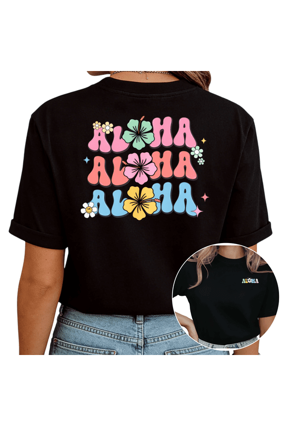 Black Retro Aloha Daisy Flower Print Tshirt Graphic Tees Shirts S-5XL Tropical Holiday Casual Tops