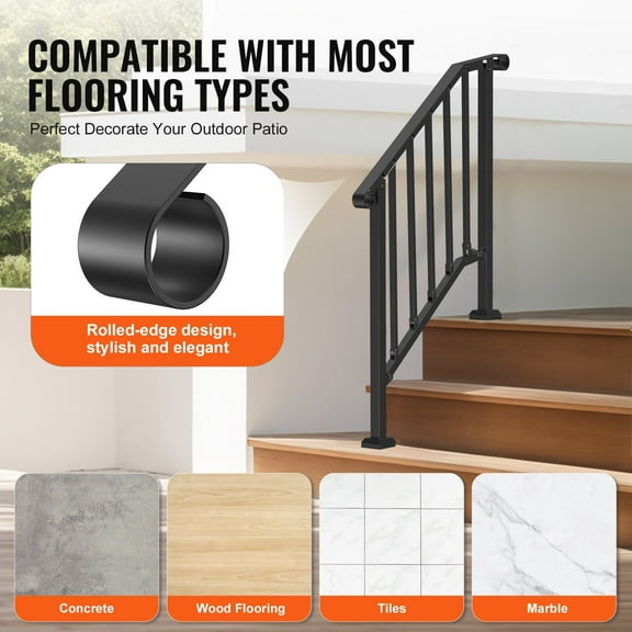 Black Retro Arch Outdoor Handrail - 2-3 Step Safety Rail for Seniors Porch Deck