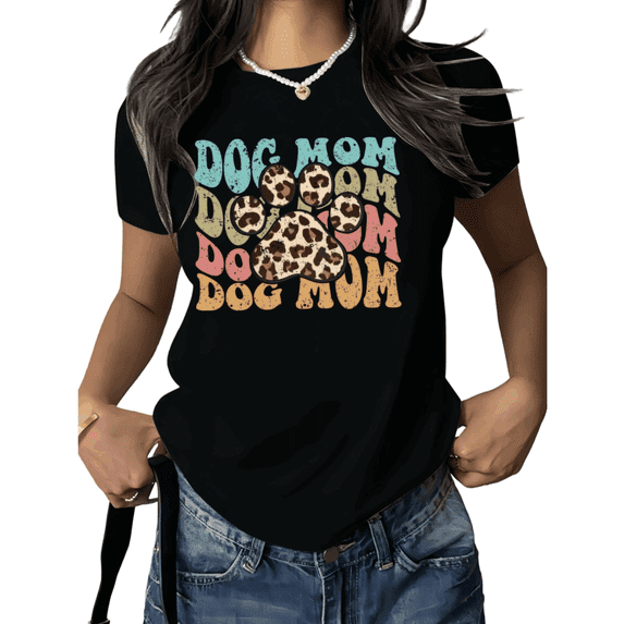 Black Retro Leopard Paw Dog Mom Trendy Tshirt Printed Tees Shirts Dog Lover Mothers Day Gift Pet Owner Casual Vacation S-5XL Tops
