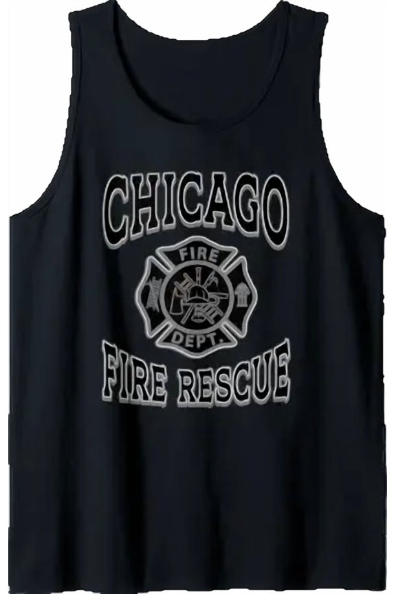 Black Retro Fire Department Chicago Firefighter Flag Rescue Tank Top Size S-3XL