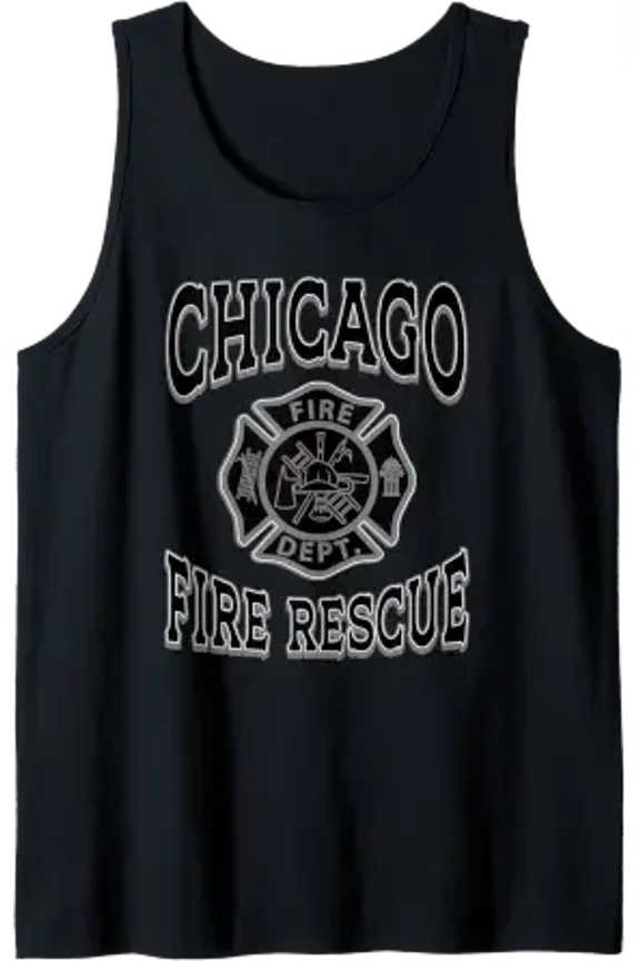 Black Retro Fire Department Chicago Firefighter Flag Rescue Tank Top Size S-3XL