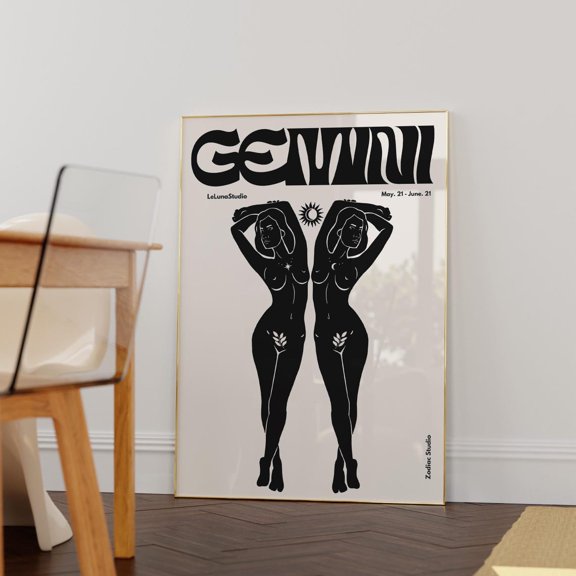 Black Retro Gemini Astrology Zodiac Wall Decor Unframed Paper Print
