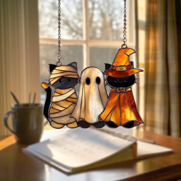 Black Retro Ghost Halloween Acrylic Suncatcher,Halloween Mummy Cat Suncatcher,Ghost Ornament Window Hanging,Witch Cat Decor,Horror Spooky