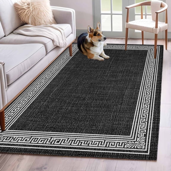 Black Retro Greek Key Area Rug 4x6 Washable Rug Non Slip Greece Ancient Rustic Geometric Large Area Rug Indoor Floor Carpet for Entryway Bedroom Kitchen Living Room Home Office Dining Room Nursery