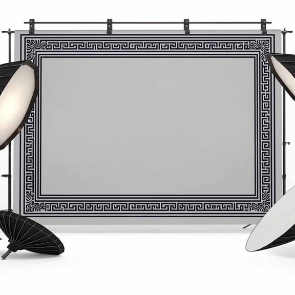 Black Retro Greek Key Backdrop for Photography,Fabric Photo Background Backdrop,Gray Greece Ancient Farmhouse Geo Photo Booth Background for Portrait Photoshoot Video Wedding Studio Banner 7x5ft