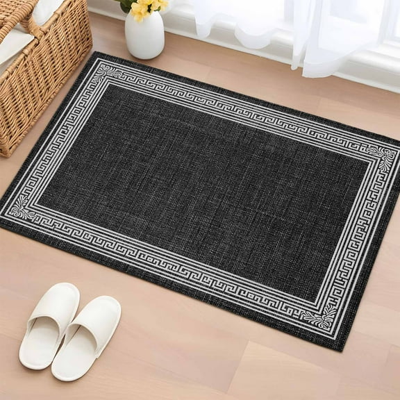 Black Retro Greek Key Bathroom Rug Washable 2x3 Entryway Rug Non Slip Greece Ancient Rustic Geometric Front Door Mat Low Pile Indoor Doormat Throw Floor Carpet for Kitchen Bedroom Entrance
