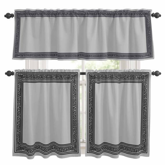 Black Retro Greek Key Kitchen Curtains Sets for Windows 24 Inch Length, Gray Greece Ancient Farmhouse Geo Rod Pocket Window Treatments Tier Curtains and Valances Set for Bedroom/Bathroom