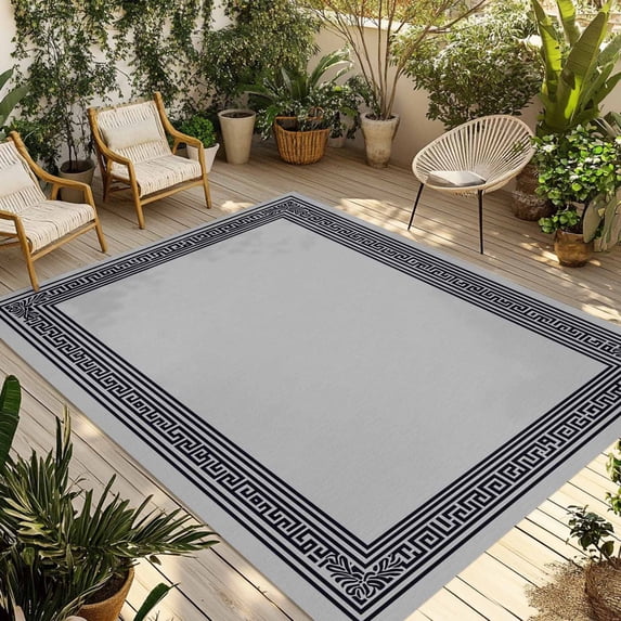 Black Retro Greek Key Outdoor Rug 4x6 Ft - Reversible Patio Rug Outdoor Camping Rugs, Gray Greece Ancient Farmhouse Geo Indoor Outdoor Area Rugs, Non-Slip Outdoor Carpet Runner for Deck/Porch