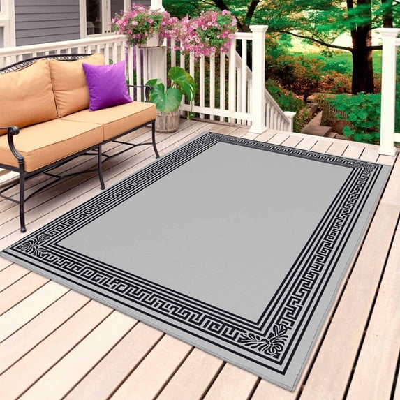 Black Retro Greek Key Outdoor Rug for Patio/Deck/Porch, Non-Slip Large Area Rug 3 x 5 Ft, Gray Greece Ancient Farmhouse Geo Indoor Outdoor Rugs Washable Area Rugs, Camping Rug Carpet Runner