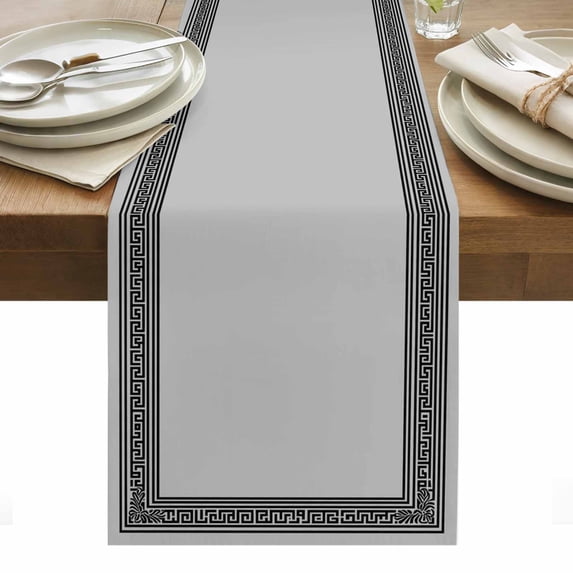 Black Retro Greek Key Table Runner - 120 Inch Long, Kitchen Dining Table Runner Dresser Scarves, Gray Greece Ancient Farmhouse Geo Farmhouse Decor for Coffee Tables Wedding Party Banquet