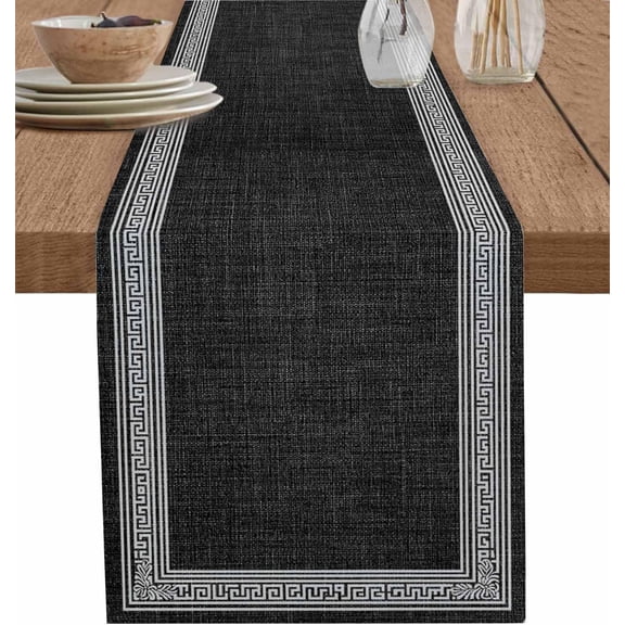 Black Retro Greek Key Table Runners 108 Inches Long, Cotton Linen Fabric Table Runner Geometric Greece Ancient Meander Fret Tablerunner for Party/Kitchen/Dinner Decor 13.8x108