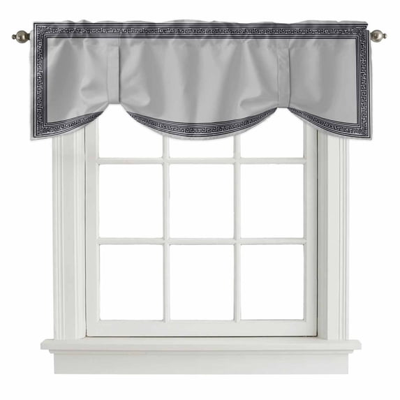 Black Retro Greek Key Tie Up Valance Curtains for Windows, Kitchen Curtains Window Treatments, Gray Greece Ancient Farmhouse Geo Short Window Shades Valances for Bedroom Bathroom Cafe 42"x18"