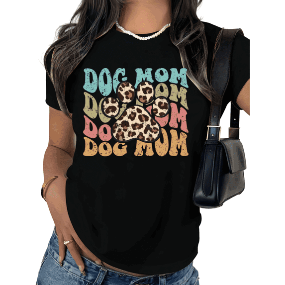 Black Retro Leopard Paw Dog Mom Print Tshirt Graphic Tees Shirts Dog Lover Mothers Day Gift Pet Owner Casual Outfit S 5XL Tops