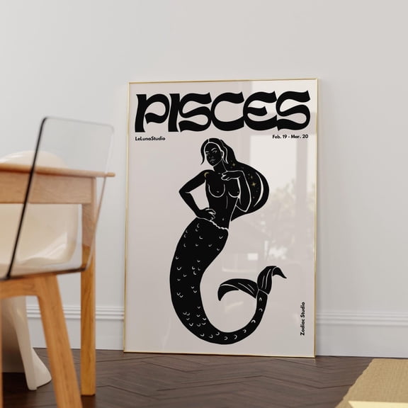 Black Retro Pisces Cool Zodiac Astrology Art Poster, Unframed Size 8x12