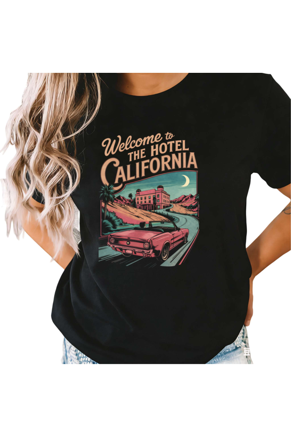 Black Retro Rock Band Hotel Print Tshirts California Casual Graphic Tee S-5XL Tops