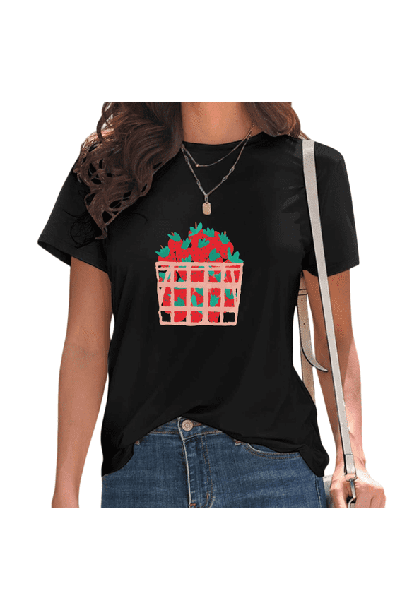 Black Retro Strawberry Basket Print T-Shirt Women's Casual Loose Fit Short Sleeve Cute Farm Fruit Aesthetic Summer Graphic Tee Tops S-5XL