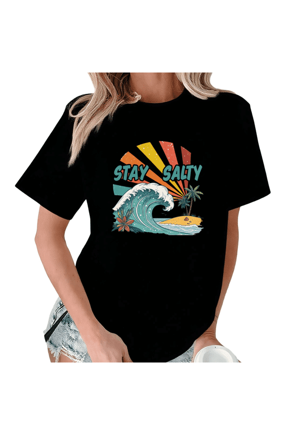 Black Retro Sun Wave Stay Salty Print T-Shirt Graphic Tees Shirts Beach Streetwear Modern S-5XL Tops