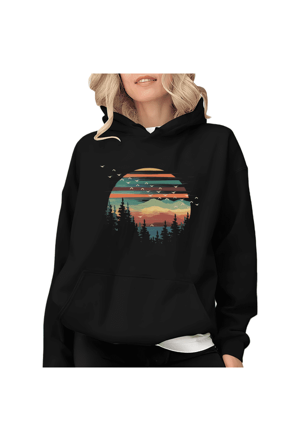 Black Retro Sunset Mountain Graphic Sweatshirt Print hoodie womens S-2XL for Daily Wear Tops