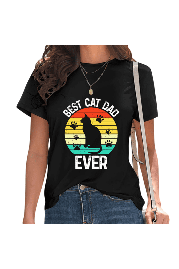 Black Retro Sunset Paw Print Cat Silhouette Best Cat Dad Ever Tshirt Graphic Tees Shirts Vintage Cat Parent Pet Lover Father's Day Gift Casual Wear Tops S-5XL