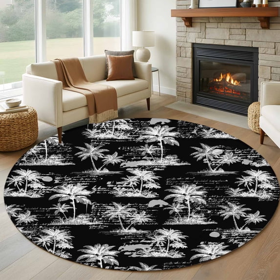 Black Retro Tropical 7FT Round Area Rugs for Living Room Palm Trees Old ...