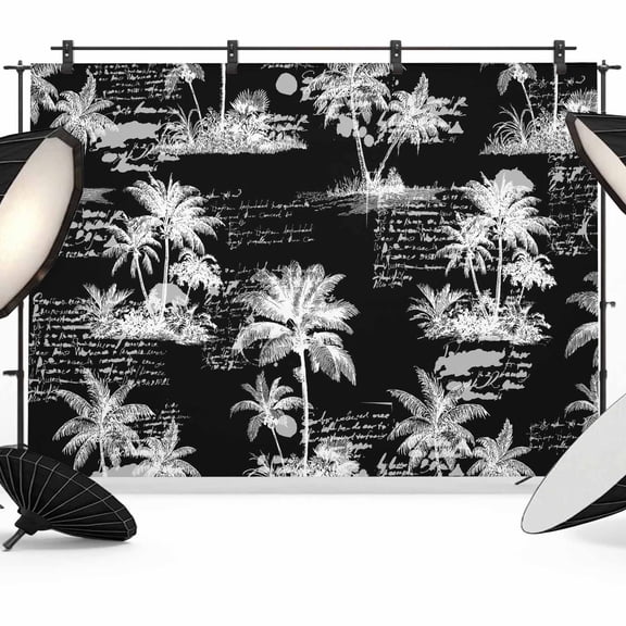 Black Retro Tropical Photography Backdrop 7x5FT, Palm Trees Old Newspapers Summer Plant Photo Backdrops, Background for Photography Studio Photo Studio Background, Back Drop for Photoshoot