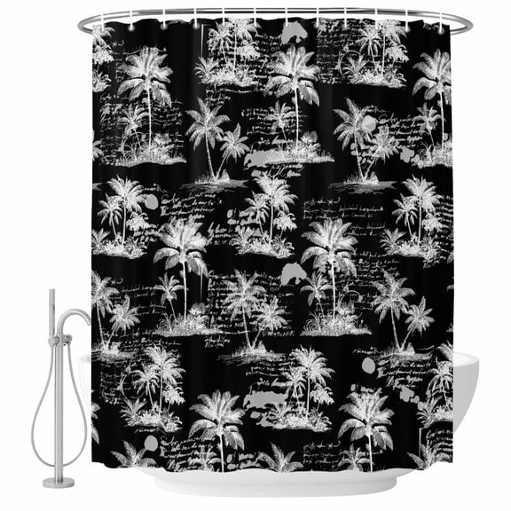 Black Retro Tropical Shower Curtain Set with Hooks, Palm Trees Old Newspapers Summer Plant Water Repellent Shower Curtains for Bathroom Decor Sturdy Shower Curtain, Machine Washable 36x78 Inch