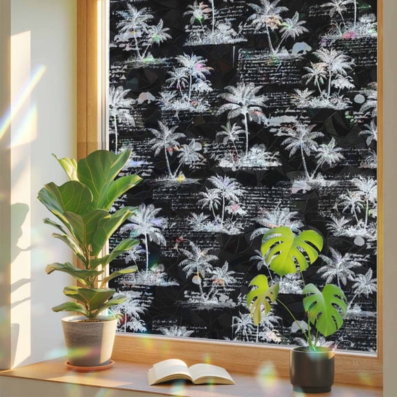 Black Retro Tropical Window Privacy Film, Palm Trees Old Newspapers Summer Plant Stained Glass Rainbow Film Decorative Window Clings, Static Cling Sun Blocking Stickers 23.6" x 59"